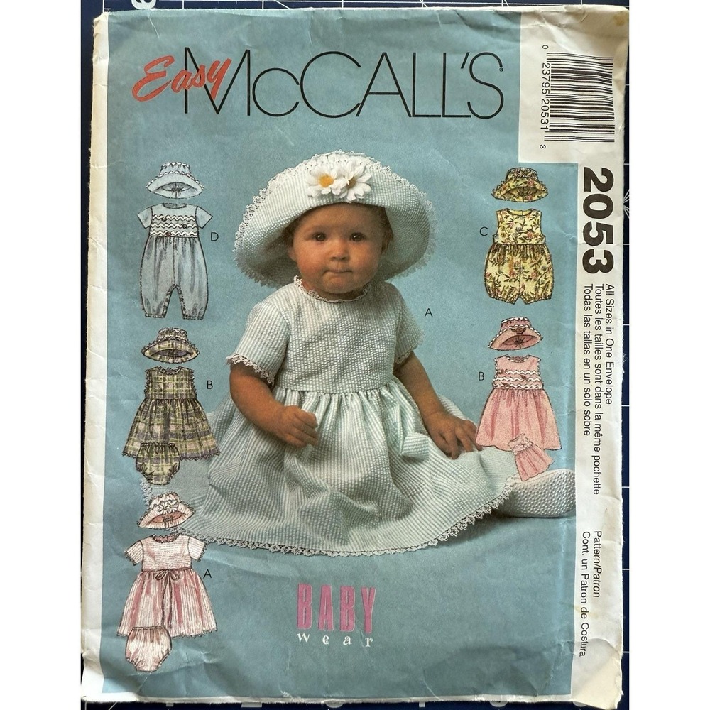 McCall's Pattern 2053 Infant Dress‎ Romper w Snaps Panties Hat Size S-XL Cut